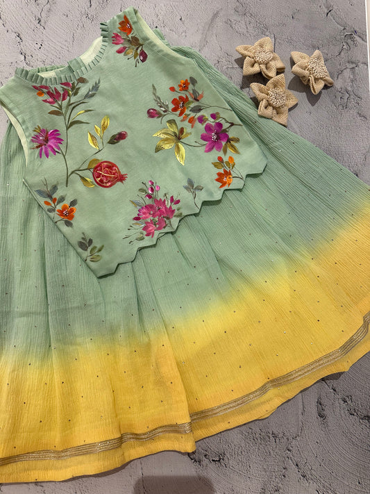 Mint & yellow Pomegranate Hand-Painted Crushed Cotton Skirt Set