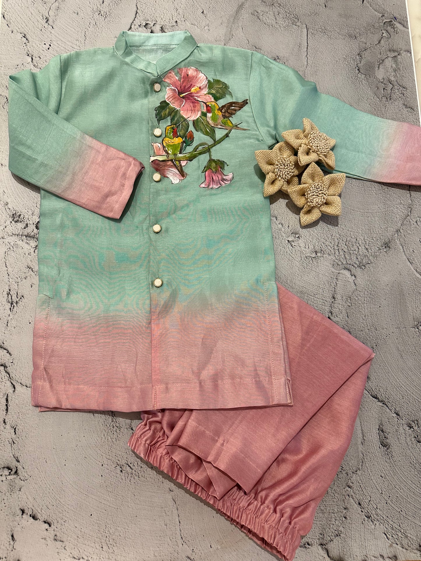 Mint Blush Garden Hand-Painted Kurta Set