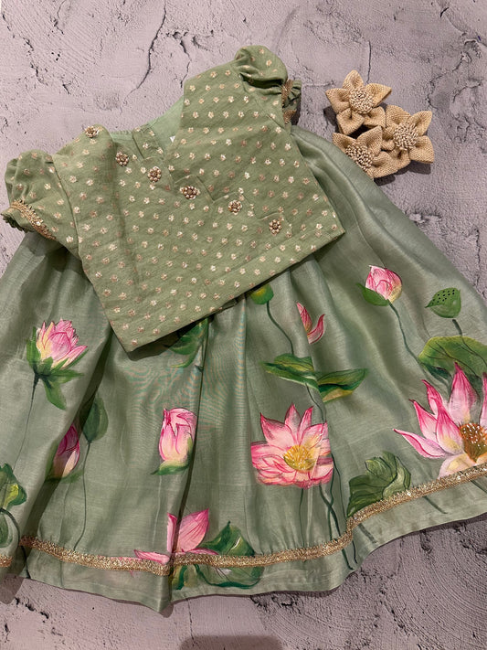 Lotus Garden Green Hand-Painted skirt Set