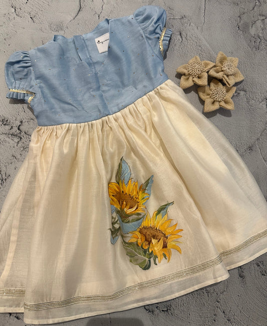 Sunflower Blue & Off-White Hand-Painted Chanderi Angarakha Dress