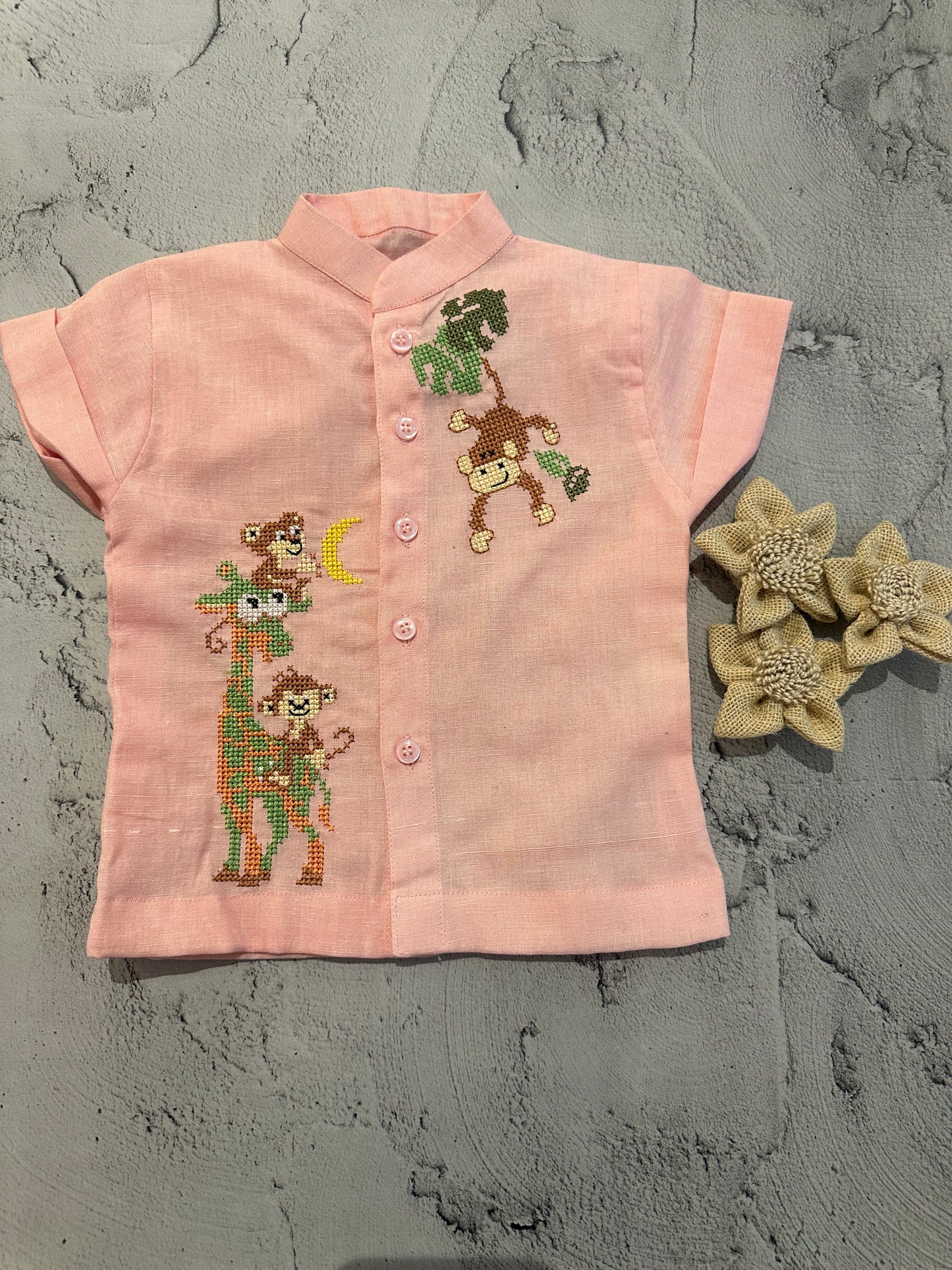 Peach monkey giraffe cross stitch shirt