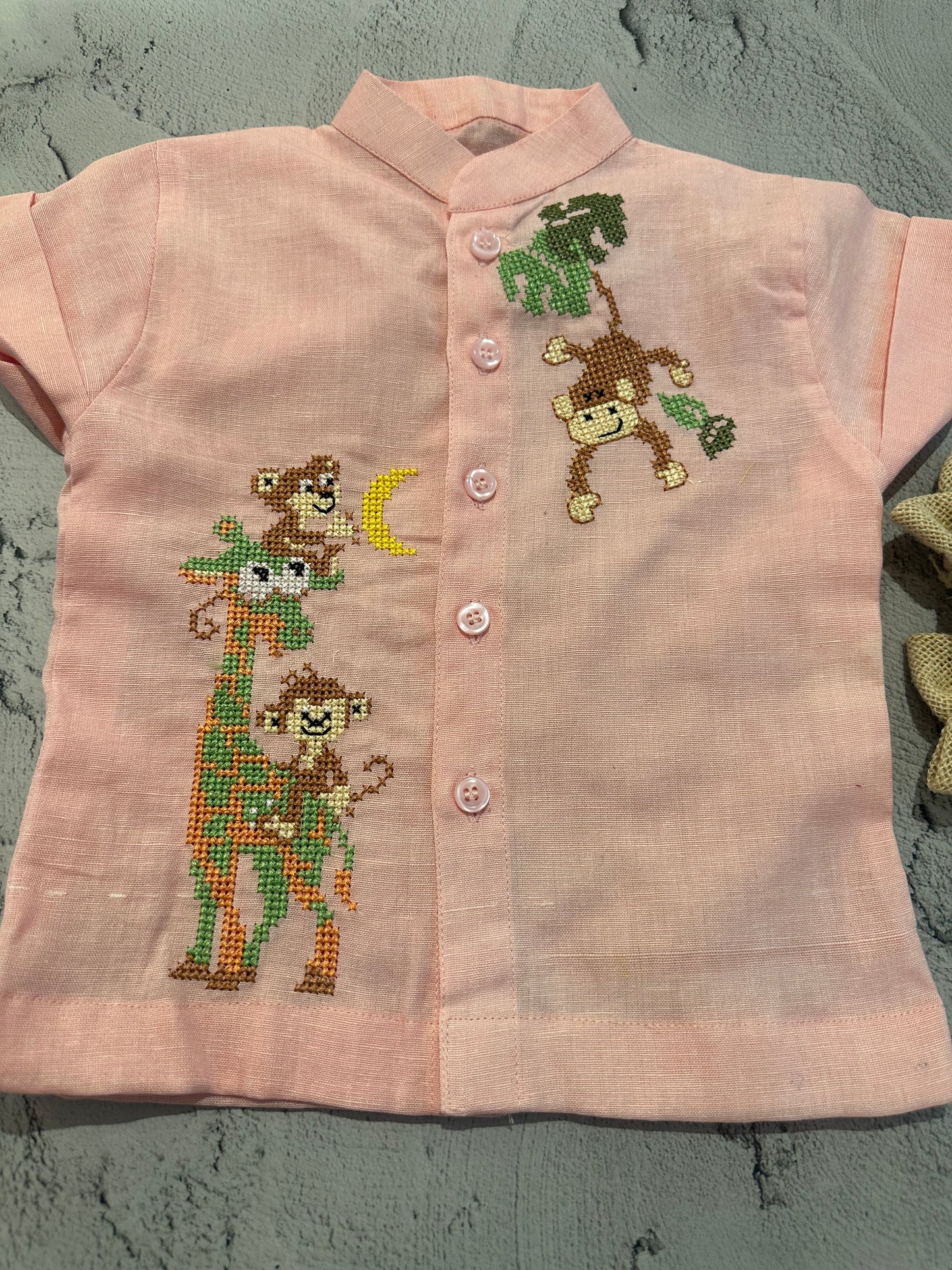 Peach monkey giraffe cross stitch shirt