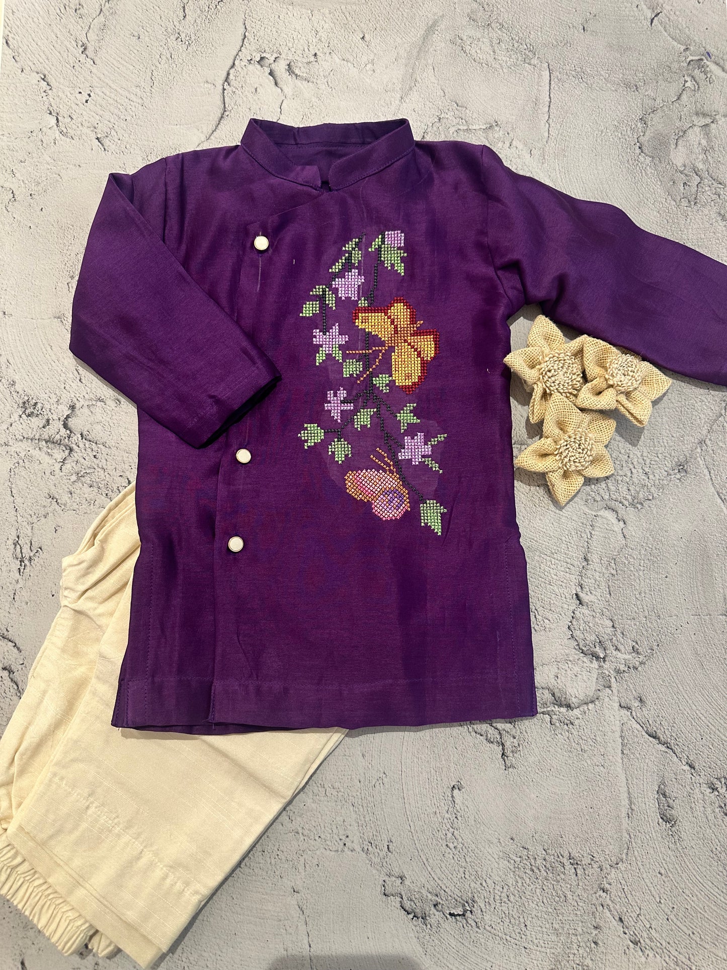Purple Meadow Cross-Stitch Kurta Set