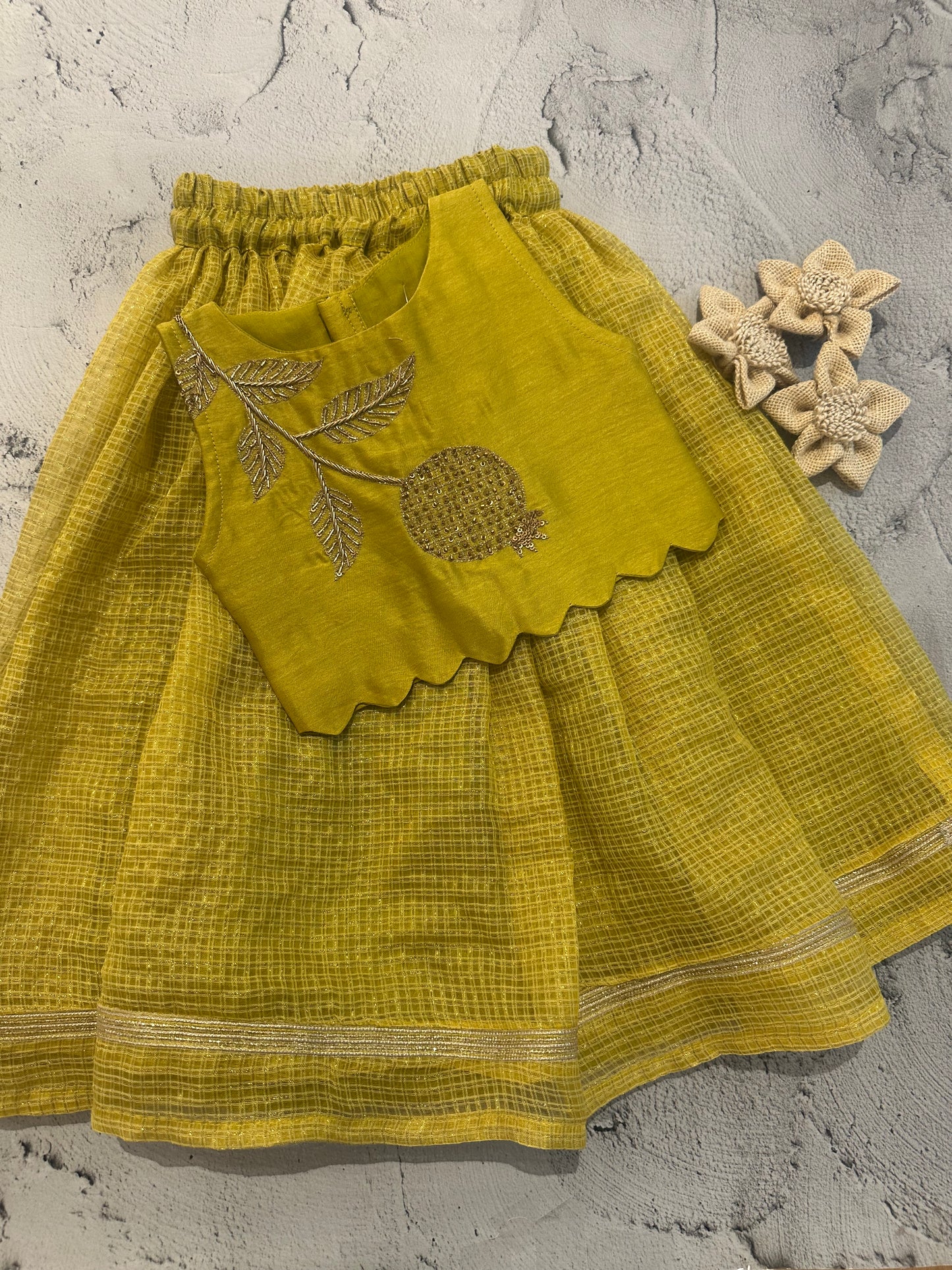 Pomegranate hand embroidered skirt set in lime green