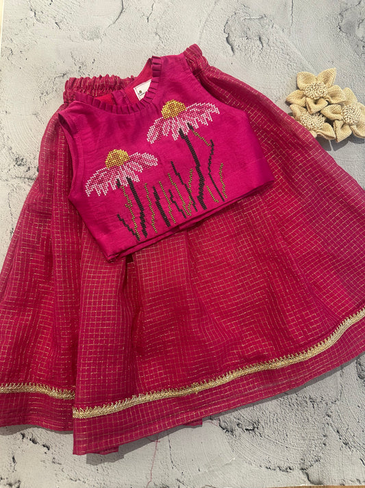 Hot pink cone flower cross stitch skirt set
