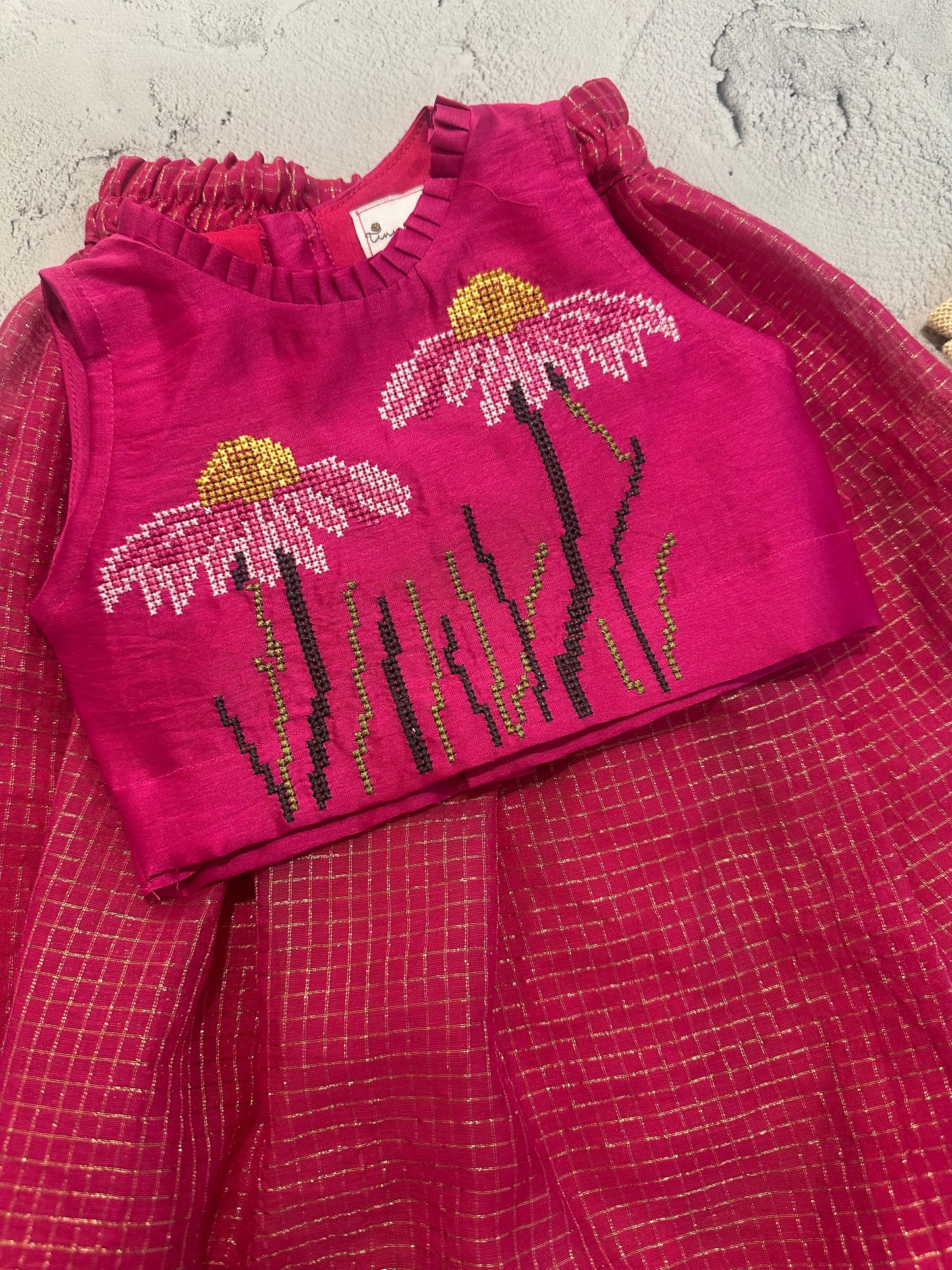 Hot pink cone flower cross stitch skirt set