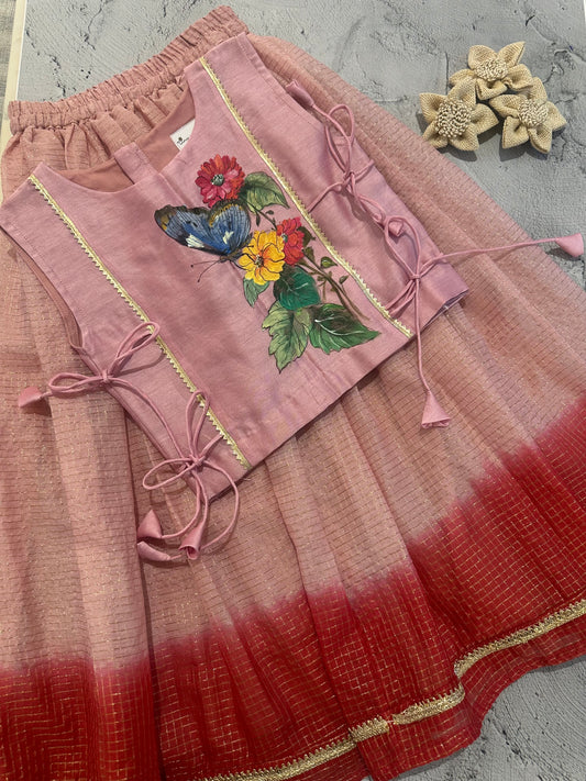 Pink & Red Ombre Butterfly Hand-Painted Chanderi Tie Blouse Skirt Set