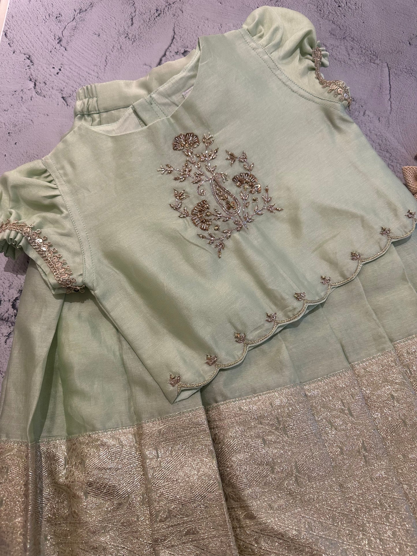Mint Zardosi Chanderi Blouse & Skirt Set