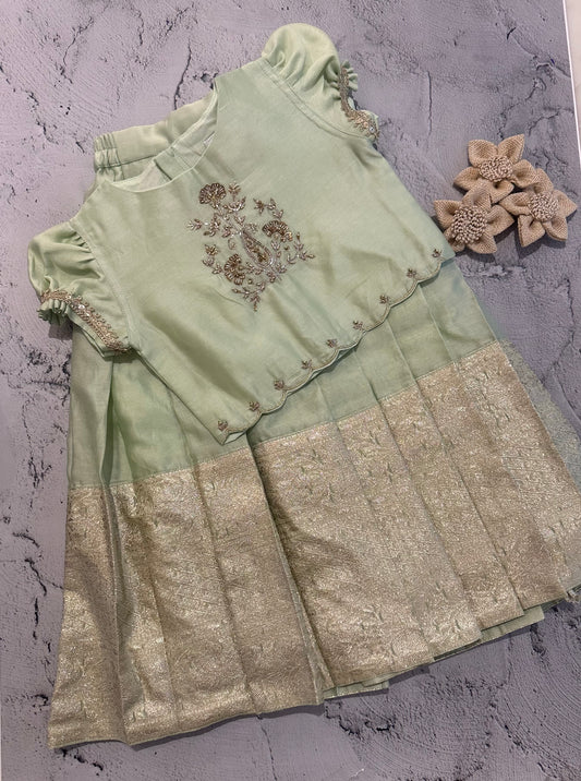 Mint Zardosi Chanderi Blouse & Skirt Set