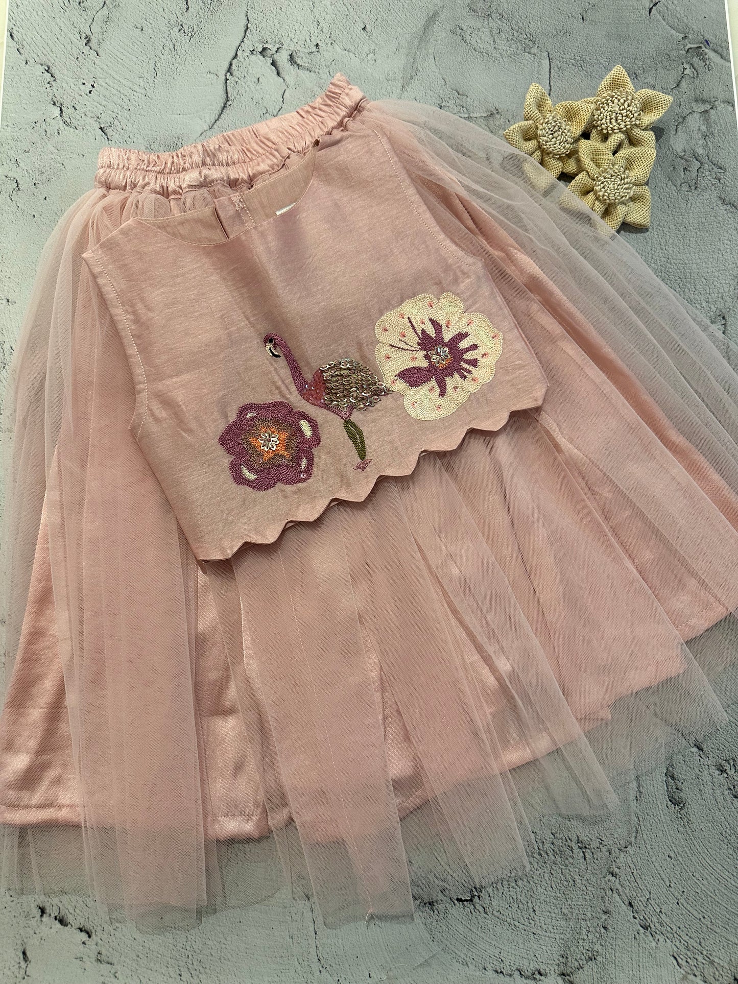 Blush Flamingo Scallop Blouse & Net Skirt Set
