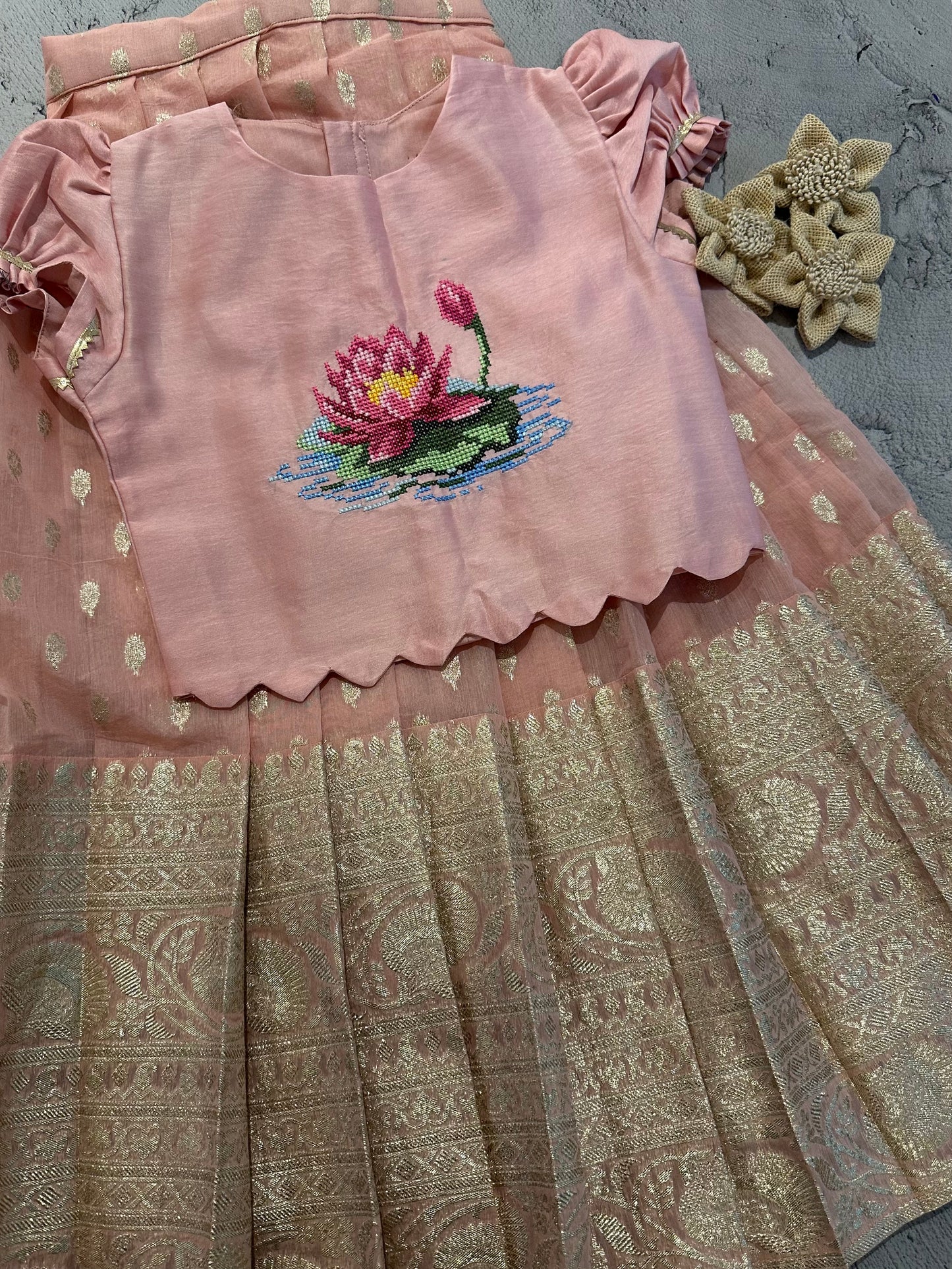 Baby pink lotus cross stitch skirt set
