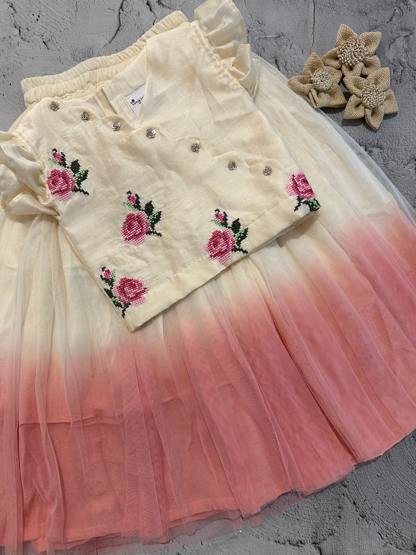 off white rose cross stitch angarakha skirt set (2-3 years)
