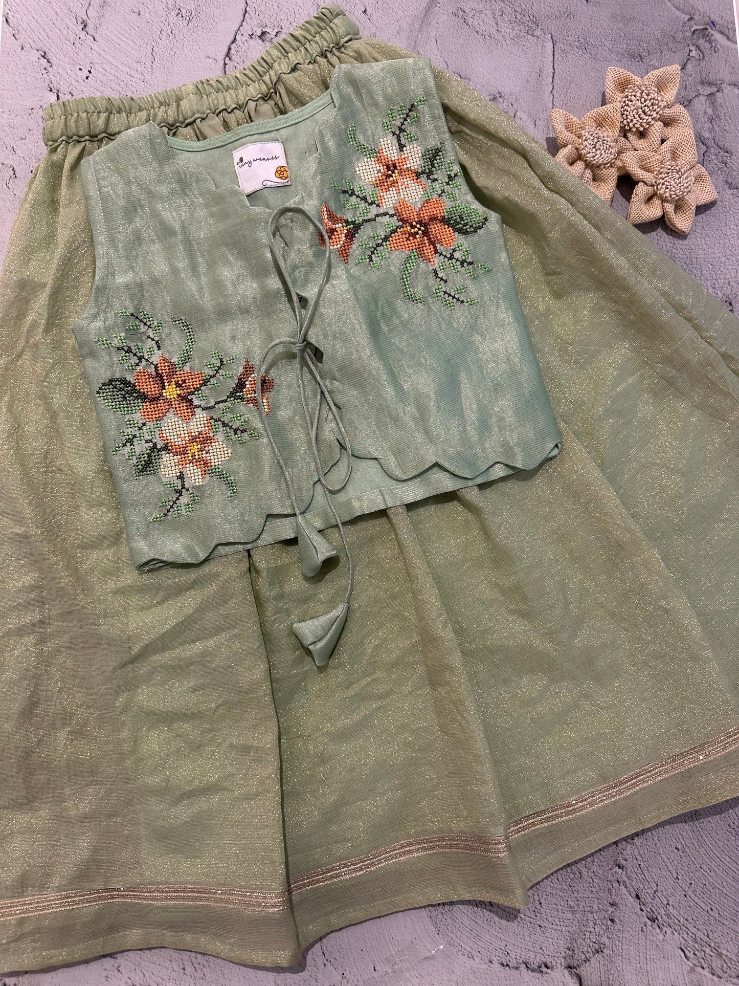 Green coral flower cross stitch skirt set (4-5 years)