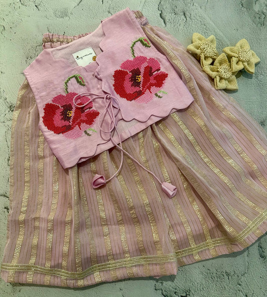 Lilac bloom cross stitch skirt set (9-12 months)