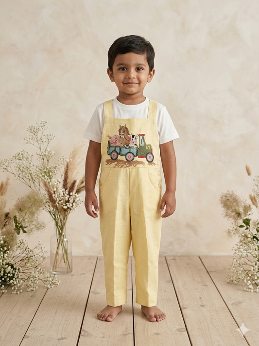 Little Farm Ride Cross-Stitch Dungaree Set