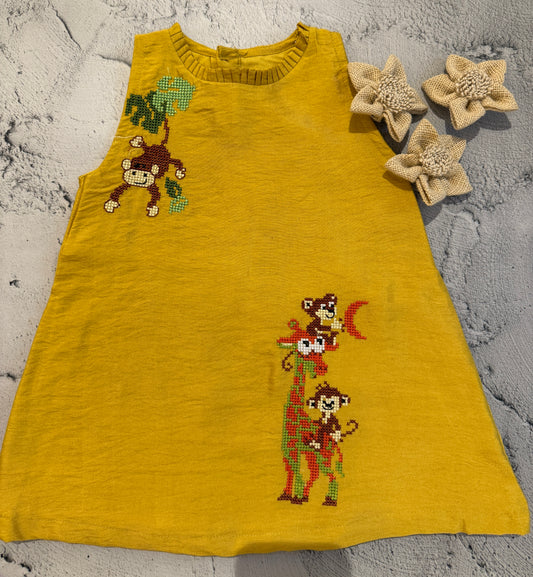 hanging monkey cross stitch A line dress in yellow