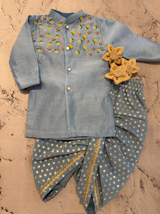 Blue floral cross stitch kurta and dhoti set