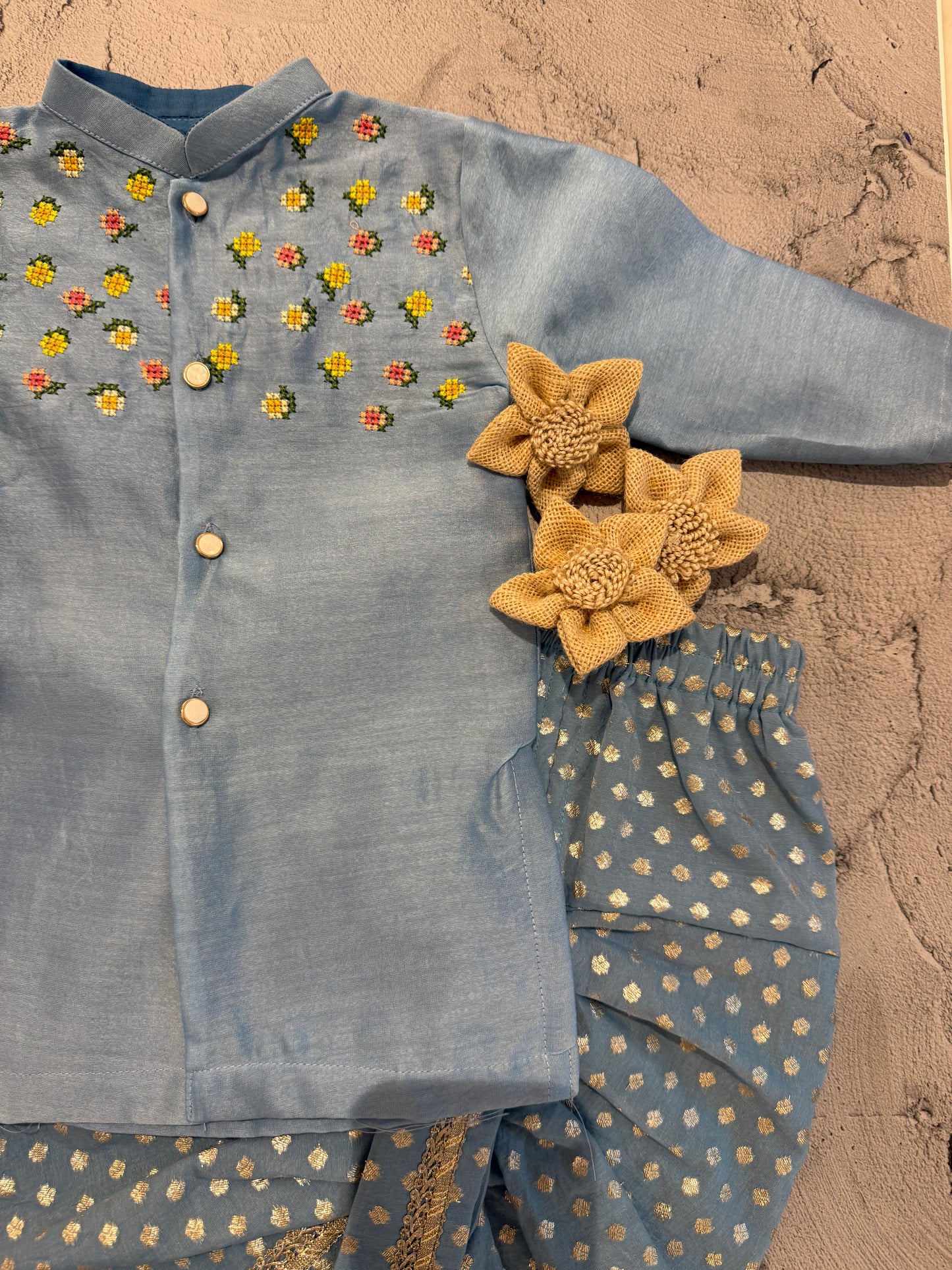 Blue floral cross stitch kurta and dhoti set