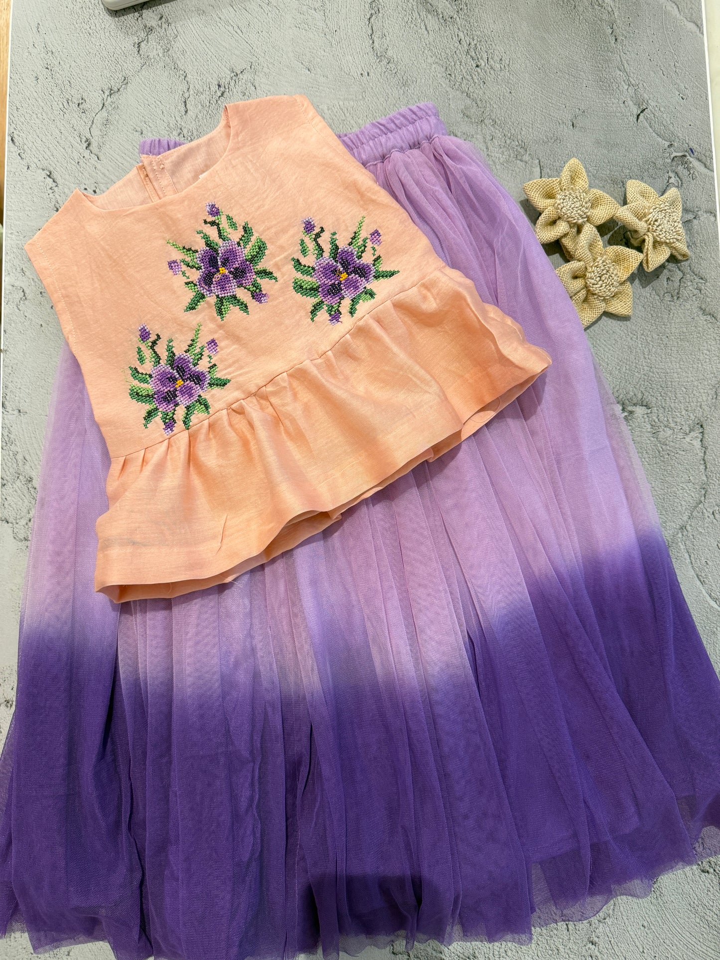 Peach ombré cross stitch skirt set