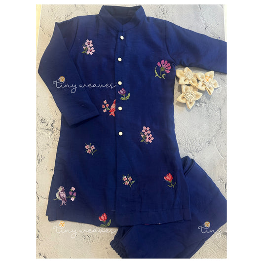 Navy blue cross stitch garden kurta set