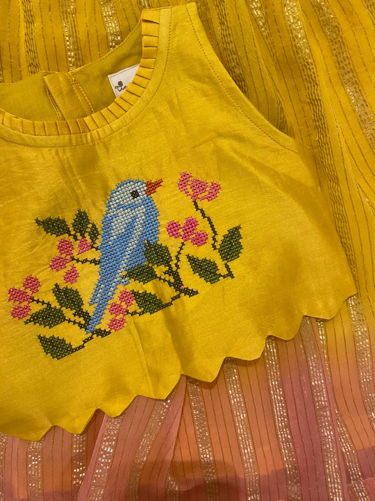 Yellow bird cross stitch skirt set