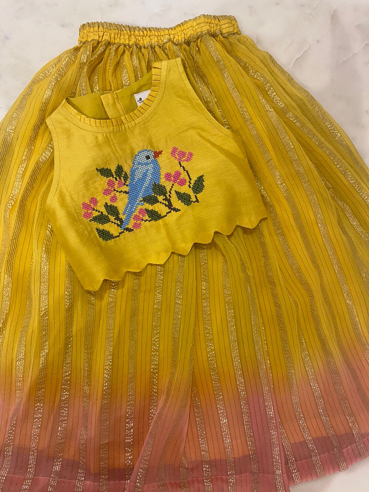 Yellow bird cross stitch skirt set