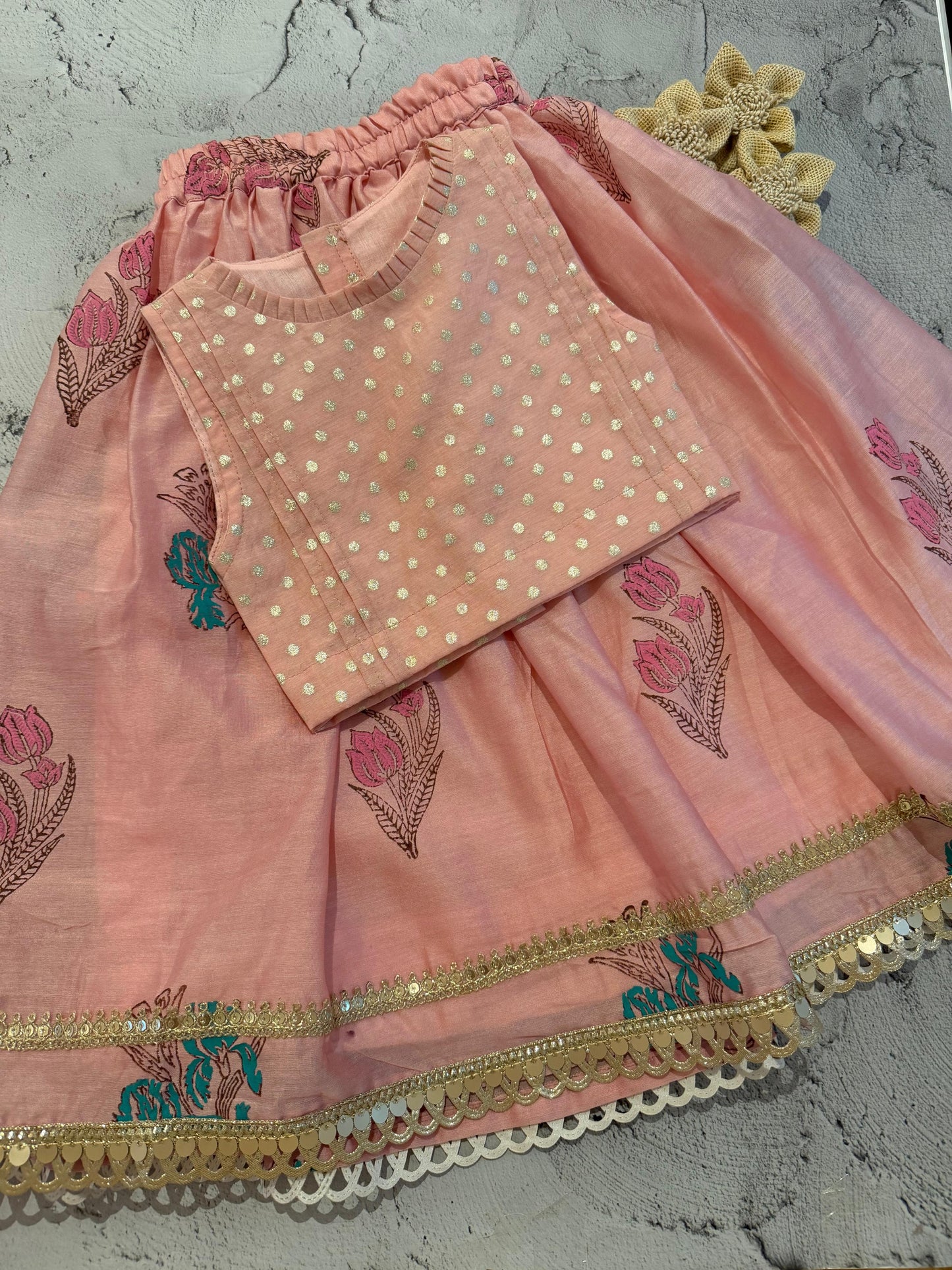 Pink Bloom Block Print Skirt Set (1-2 years)