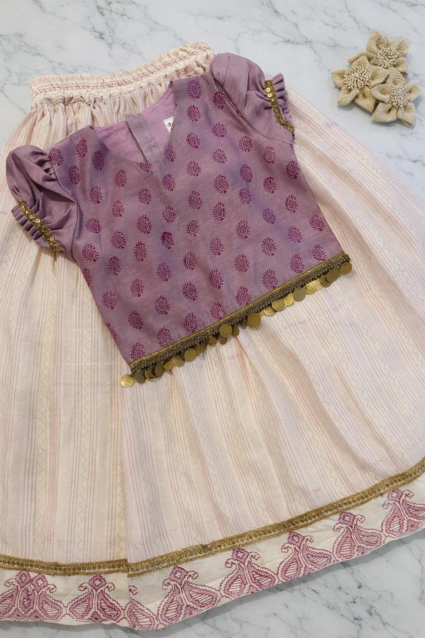 Mango Bloom Block Print Skirt Set in mauve (5-6 years)