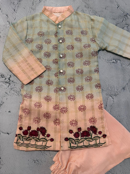 Blush lotus ombre block print kurta set (3-4 years)
