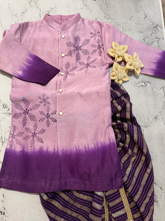 ombre purple block print kurta set (3-4 years)