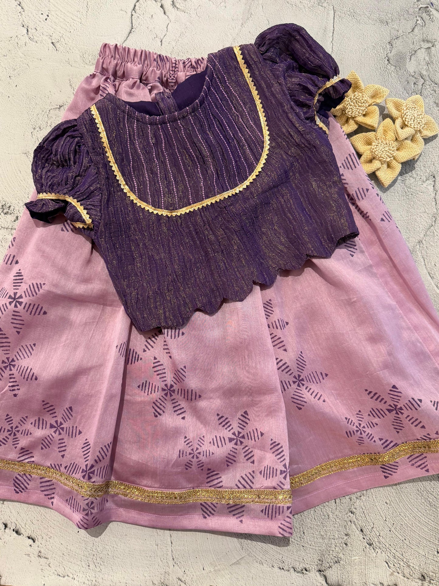 lilac and purple block print floral skirt set.