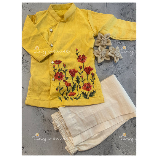 Yellow garden cross stitch kurta set