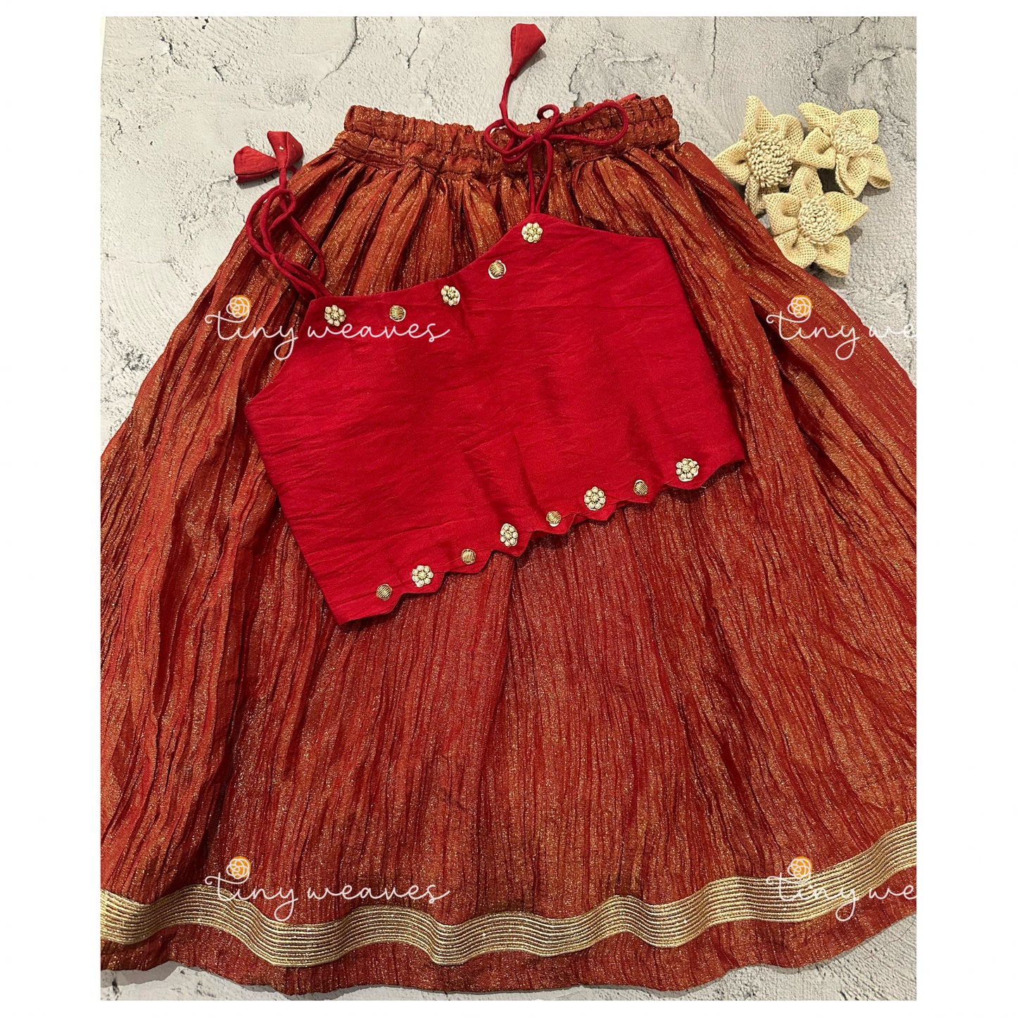 Red crushed skirt set