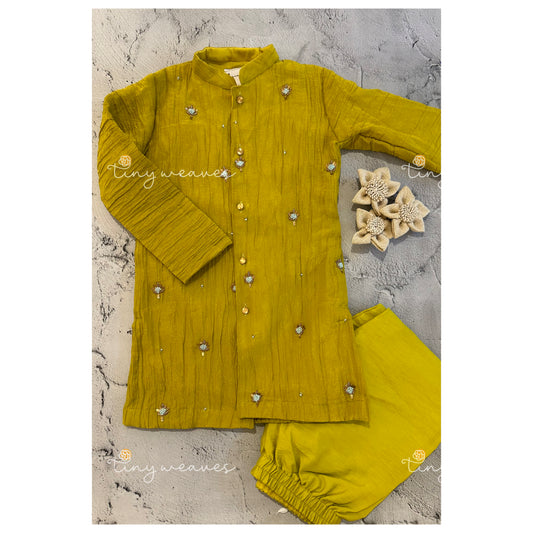 Lime green crushed hand embroidered kurta set